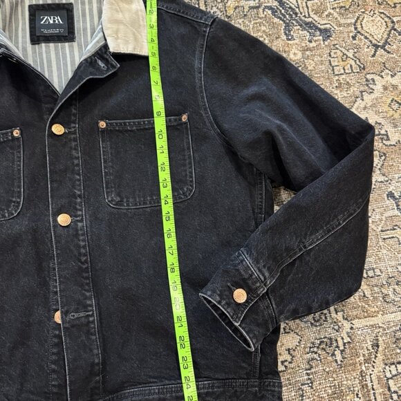 Zara Denim Black Wash Chore Jacket Corduroy Collar Cotton Lined Sz Medium Men's - Picture 3 of 5